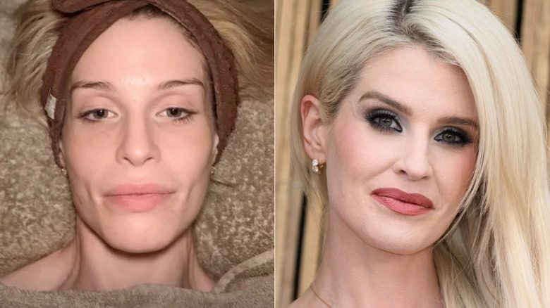 Aux côtés de Kelly Osbourne avec et sans ses sourcils. À gauche, elle est nue et ses sourcils sont fins. À droite, elle pose lors d’un événement avec d’épais sourcils bruns et un fard à paupières foncé.