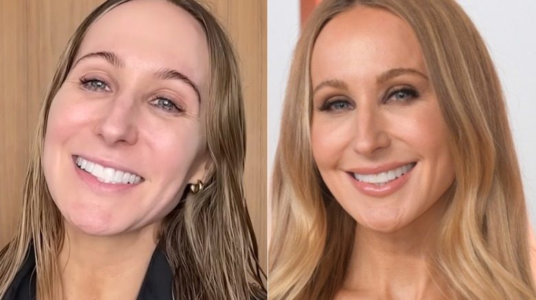 Aux côtés de Nikki Glaser avec et sans maquillage. À gauche : Glaser, visage nu – ses sourcils sont bruns et très arqués. À droite : les sourcils de Glaser ont une arcade plus douce et sont remplis de brun clair.