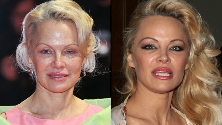 Aux côtés de Pamela Anderson avec et sans ses sourcils. À gauche : Anderson sans maquillage, ses sourcils sont très fins et de couleur claire. À droite : Anderson a un visage entièrement maquillé. et ses sourcils sont très fins et dessinés avec un crayon à sourcils marron foncé.