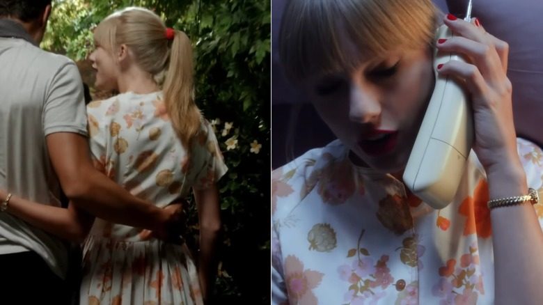 Deux images de Taylor Swift dans une robe midi blanche recouverte de fleurs roses, oranges et vertes discrètes. Sur une image, elle est bras dessus bras dessous avec un homme hors écran, et sur l'autre, elle est allongée dans son lit et parle sur un téléphone fixe.