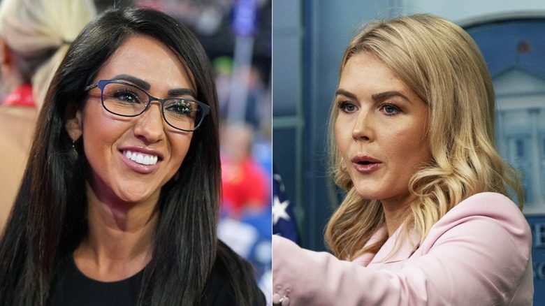 Lauren Boebert portant des lunettes et Karoline Leavitt donnant une conférence de presse, toutes deux avec un épais maquillage des sourcils