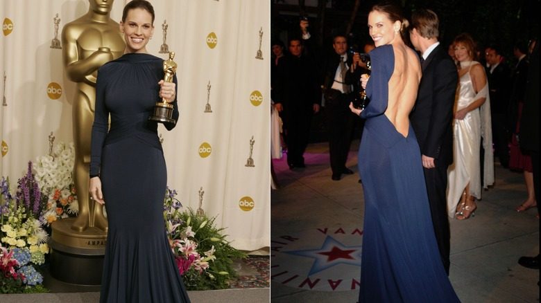 Hilary Swank aux Oscars 2005 dans une robe bleu foncé