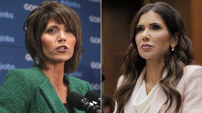 Kristi Noem en conférence de presse en 2014 et 12 ans plus tard au ministère de la Justice