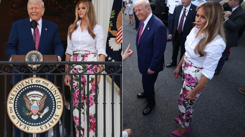 Melania Trump porte un pantalon à fleurs et une chemise blanche avec Donald Trump