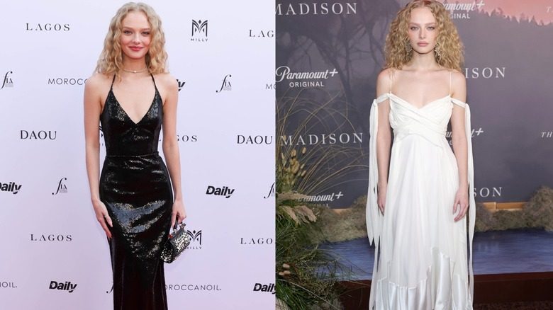 Image partagée de l'actrice Amiah Miller portant une robe noire à sequins à gauche et une robe blanche à épaules dénudées à droite.