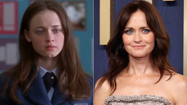 Image partagée d'Alexis Bledel dans le rôle de Rory Gilmore dans Gilmore Girls à gauche et souriant lors d'un événement officiel à droite.