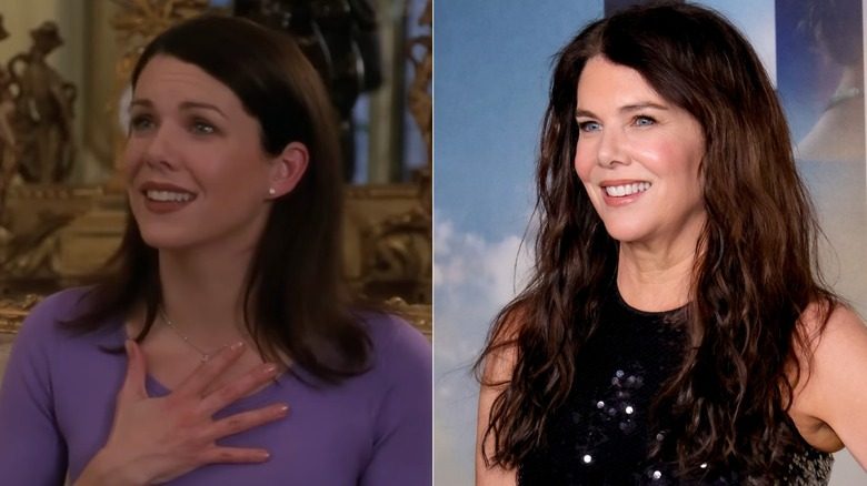 Image côte à côte de Lauren Graham dans la saison 1 de Gilmore Girls à gauche et posant lors d'un événement à droite.