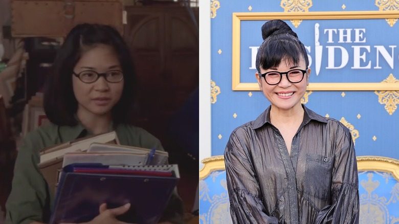 Image partagée de Keiko Agena dans Gilmore Girls à gauche et posant et souriant sur un tapis rouge à droite.