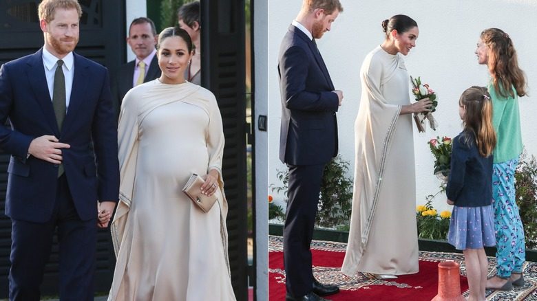 Meghan Markle porte une robe couleur champagne