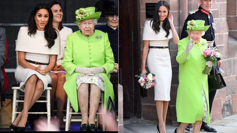 Meghan Markle portant une robe crème avec la reine Elizabeth II en 2018