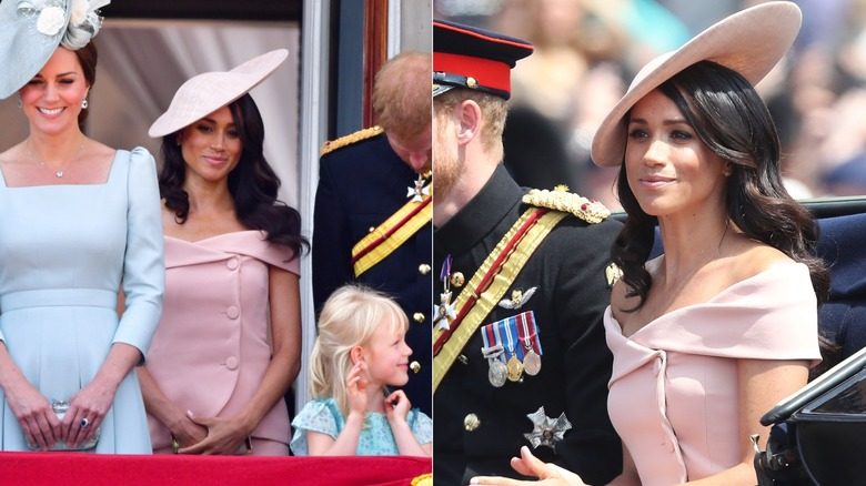 Meghan Markle portant une tenue et un chapeau roses Carolina Herrera lors de Trooping the Color