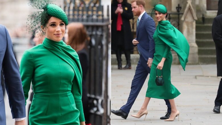 Meghan Markle vêtue de vert vif avec le prince Harry devant l'abbaye de Westminster