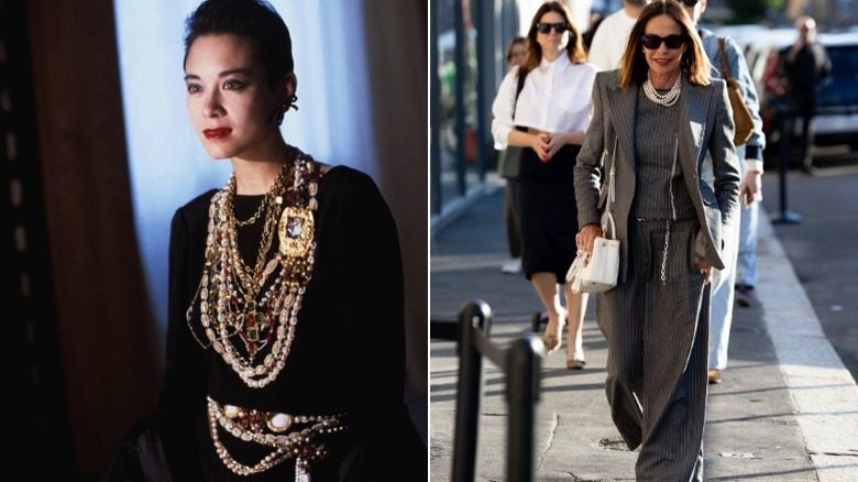 Tina Chow portant des colliers superposés et une ceinture en chaîne en 1984, et une femme à Milan portant une interprétation moderne