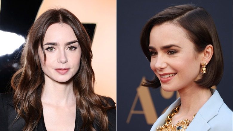 Lily Collins au défilé femme automne/hiver Saint Laurent lors de la Fashion Week de Paris en février 2024 / Lily Collins à la première de 