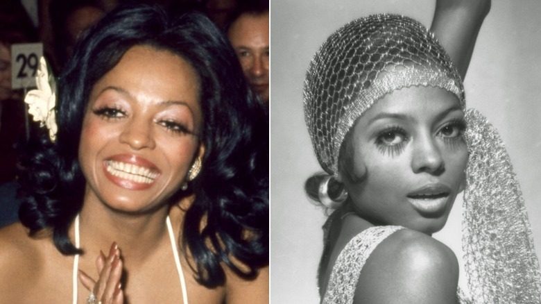Diana Ross avec une fleur dans les cheveux en 1973 et avec un cache-cheveux en résille en 1982