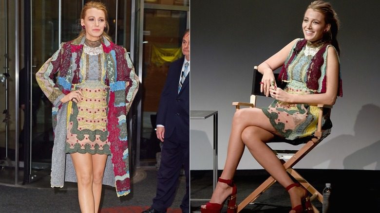Blake Lively portant une robe et un manteau à motif cachemire coloré en 2015