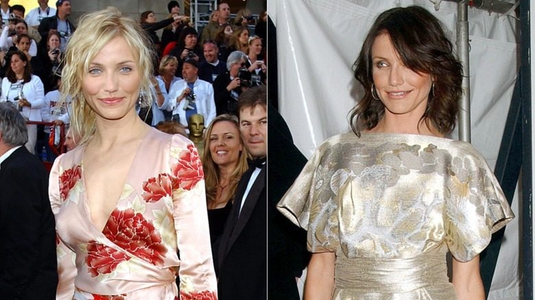 Image partagée de Cameron Diaz en blonde sur un tapis rouge à gauche et en brune à droite.