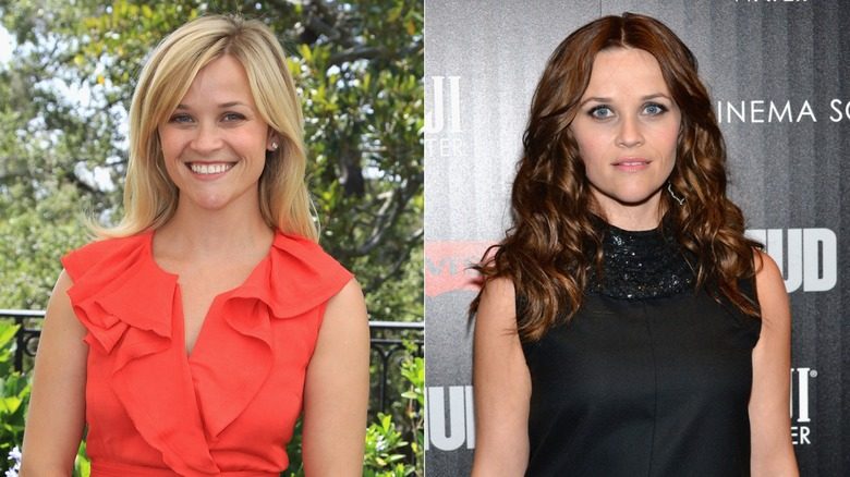 Image partagée de Reese Witherspoon souriant dans une cour en blonde à gauche et en brune vêtue de noir à droite.