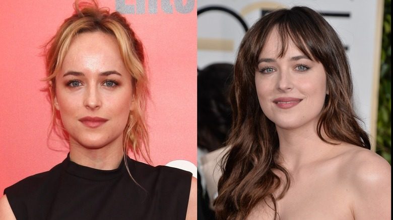 Image partagée de Dakota Johnson en blonde à gauche et en brune avec une frange à droite.