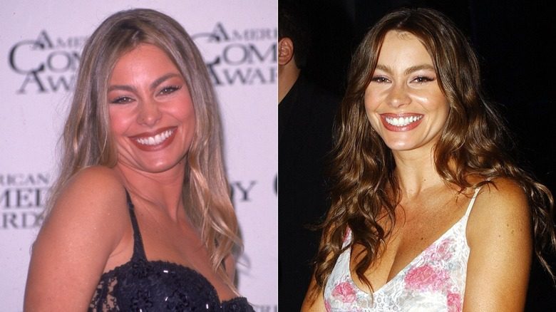 Image partagée de Sofía Vergara souriante en blonde à gauche et en brune à droite.
