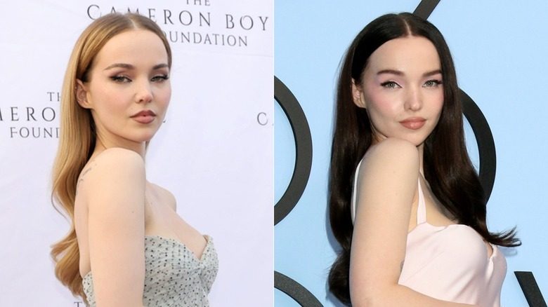 Image partagée de Dove Cameron en blonde à gauche et en brune à droite.