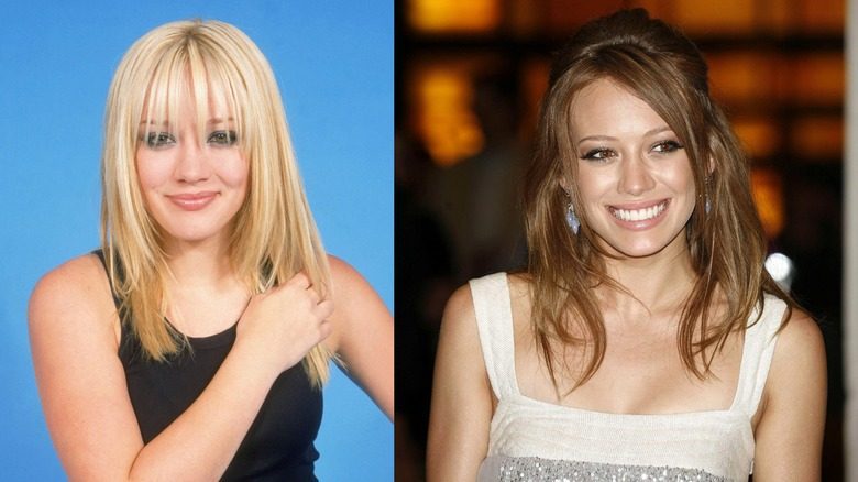 Image partagée d'Hilary Duff en blonde à gauche et en brune à droite.