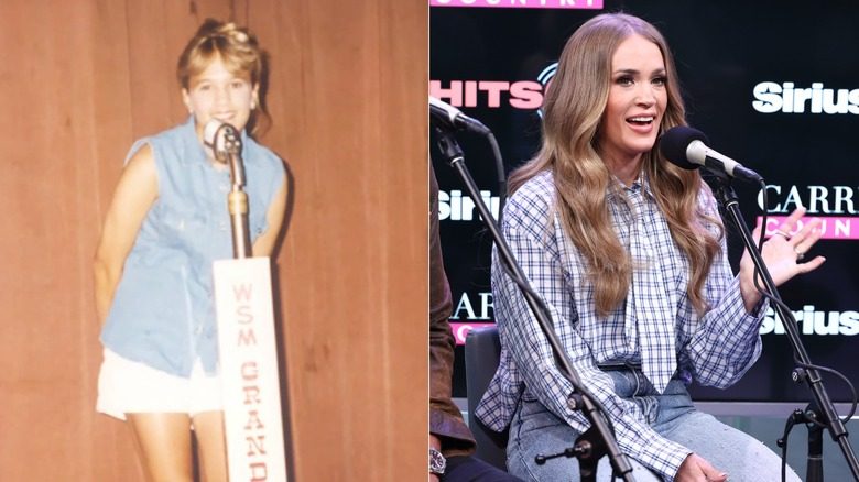 Image partagée de la jeune Carrie Underwood au Grand Ole Opry à gauche et parlant dans un micro à droite.