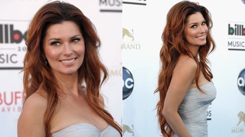 Shania Twain porte une robe bustier avec des cheveux auburn profonds coiffés de longues vagues décontractées