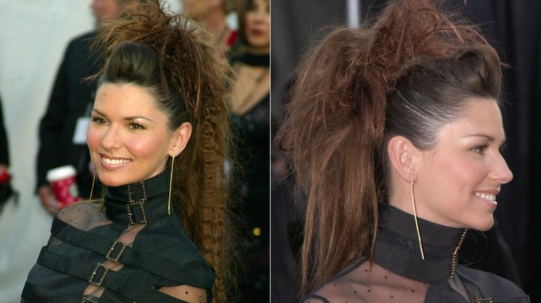 Shania Twain porte un chignon brun crépu de style mohawk avec des pièces frisées laissées dans le dos