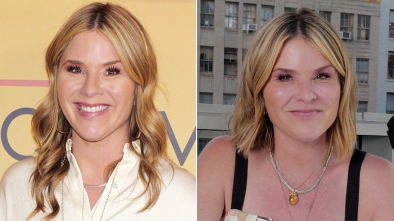 Jenna Hager Bush en mai 2025 avec les cheveux longs, et le mois suivant avec un carré