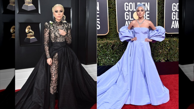 Image partagée de Lady Gaga aux Grammy Awards 2018 portant une robe en dentelle noire à gauche et aux Golden Globe Awards 2019 portant une robe pervenche à droite.