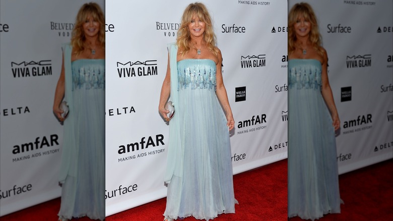 Goldie Hawn posant lors d'un événement sur le tapis rouge en 2013, vêtue d'une robe bleu clair.
