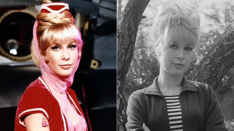Barbara Eden se faisant passer pour Jeannie sur le plateau et à la maison en 1965