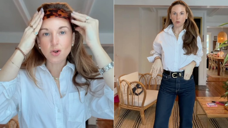 Une femme essayant un bandeau en écaille de tortue avec un jean et une chemise blanche