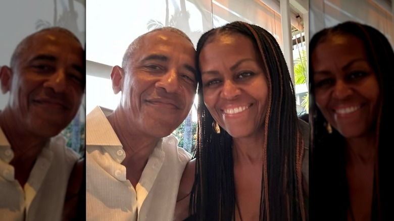 Michelle et Barack Obama sourient ensemble sur un selfie.