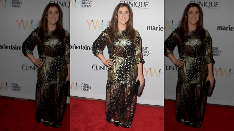 Mayim Bialik posant dans une robe métallisée