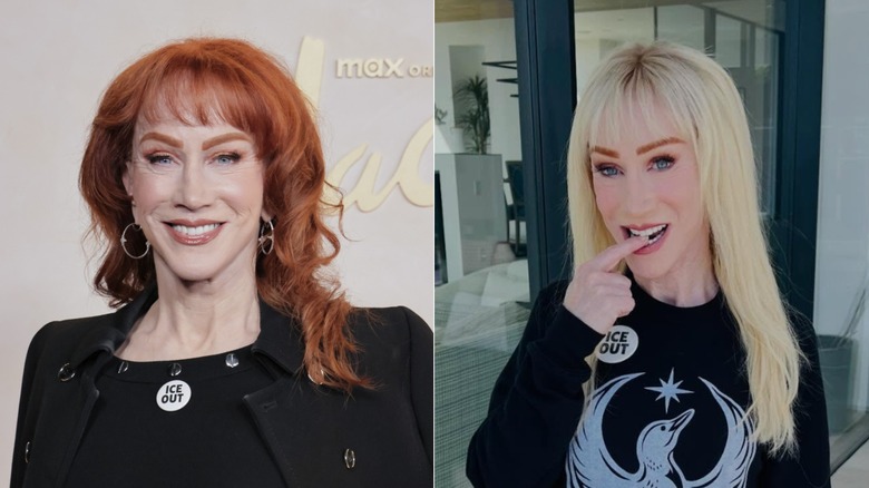 Image partagée de Kathy Griffin souriant sur un tapis rouge avec des cheveux roux à gauche et se mordant le doigt tout en portant des cheveux blonds à droite.
