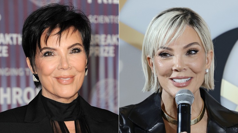 Image partagée de Kris Jenner souriant vêtue de noir et d'une coupe lutin à gauche et avec un court carré blond tout en tenant un microphone à droite.