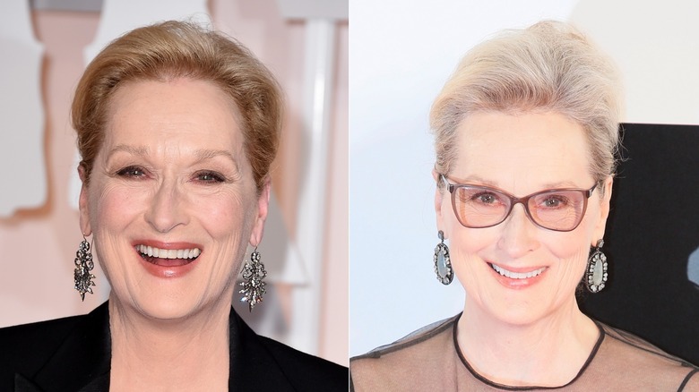 Image partagée de Meryl Streep souriant avec des cheveux blond miel à gauche et souriante avec des cheveux gris-blanc à droite.
