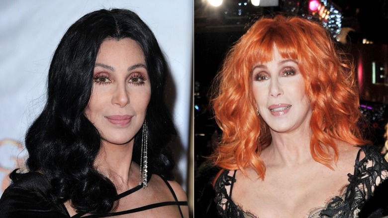 Image crachée de Cher posant lors d'un événement avec des cheveux noirs à gauche et Cher souriant avec des cheveux orange à droite.