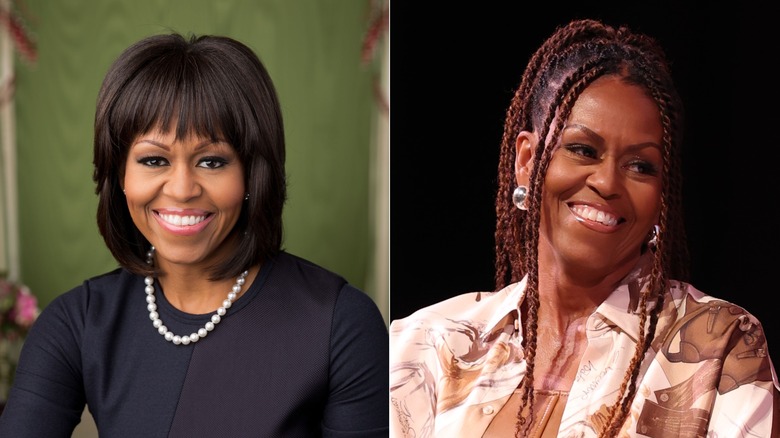 Image divisée de Michelle Obama souriante avec une frange et un carré à gauche et souriante et portant des tresses à droite.