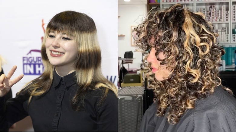 Une image côte à côte des cheveux auréolés d'Alysa Liu et d'une cliente ayant des reflets épais dans ses boucles