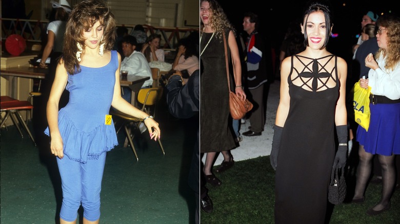 Alyssa Milano dans un ensemble bleu des années 80 avec de gros cheveux et une robe noire vampy en 1992