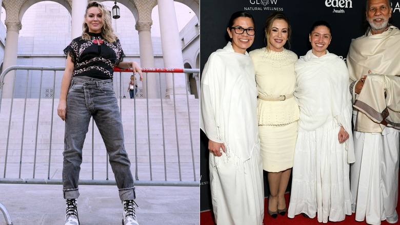 Alyssa Milano posant avec un jean à revers et une chemise à motifs, à côté d'Alyssa Milano posant dans une jupe crème et un haut à basque avec ceinture