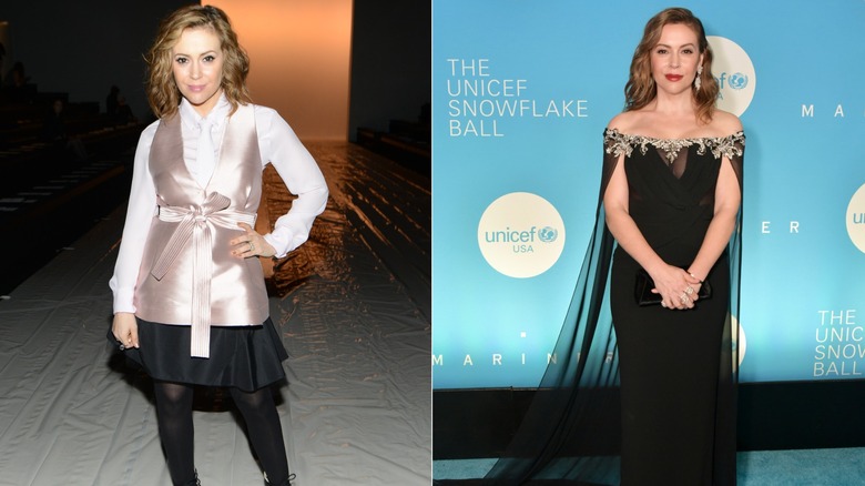 Alyssa Milano dans une tenue preppy avec des détails transparents et satinés, à côté d'Alyssa Milano posant dans une robe noire tendance avec une cape transparente