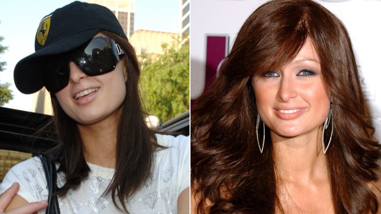 Image partagée de Paris Hilton avec des cheveux bruns, des lunettes de soleil et un chapeau à gauche, et à droite avec des cheveux bruns et des créoles lors d'un événement.