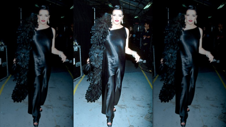 Liza Minnelli posant dans une robe noire avec un boa noir et des cheveux lissés en arrière.