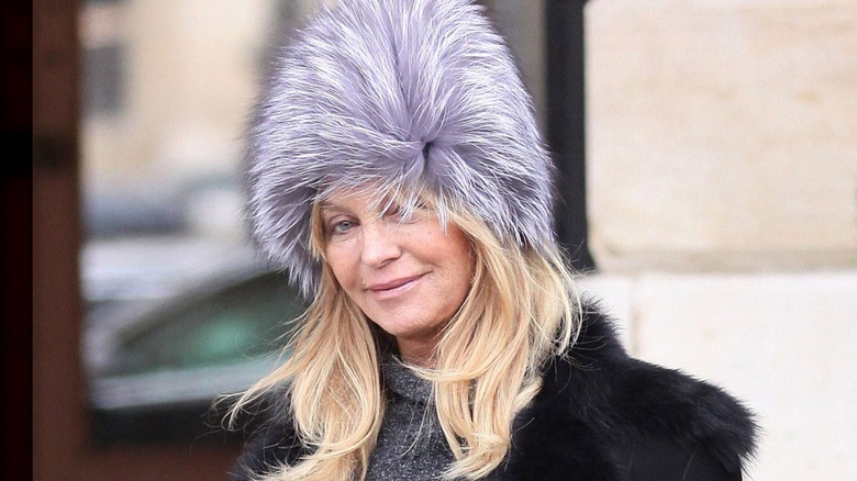 Goldie Hawn posant dehors avec un chapeau de fourrure gris violacé et un manteau de fourrure noir.