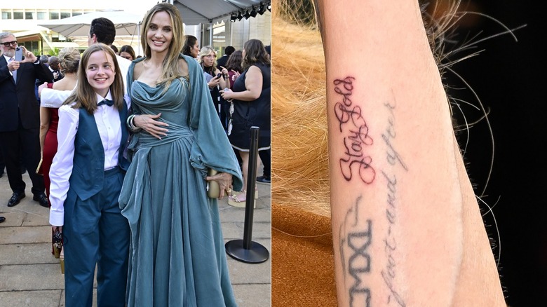 Vivienne Jolie-Pitt et Angelina Jolie assistent à la 77e cérémonie annuelle des Tony Awards le 16 juin 2024 et gros plan sur le tatouage Stay Gold