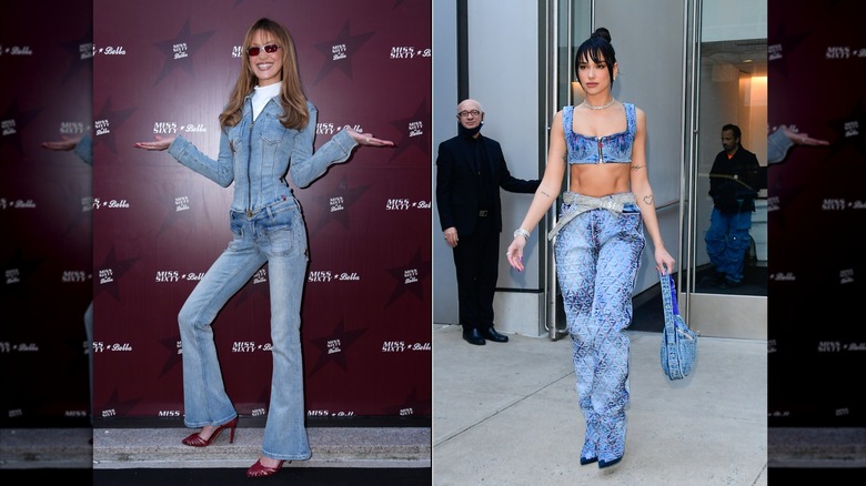 Image partagée de Bella Hadid portant un costume entièrement en jean à gauche et Dua Lipa portant une tenue en jean à droite.